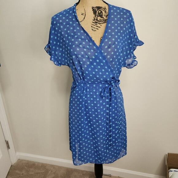GILLIGAN & O’MALLEY Sheer Blue Polka-dot Short Sleeve Wrap Style Robe Sz S/M - Picture 1 of 9
